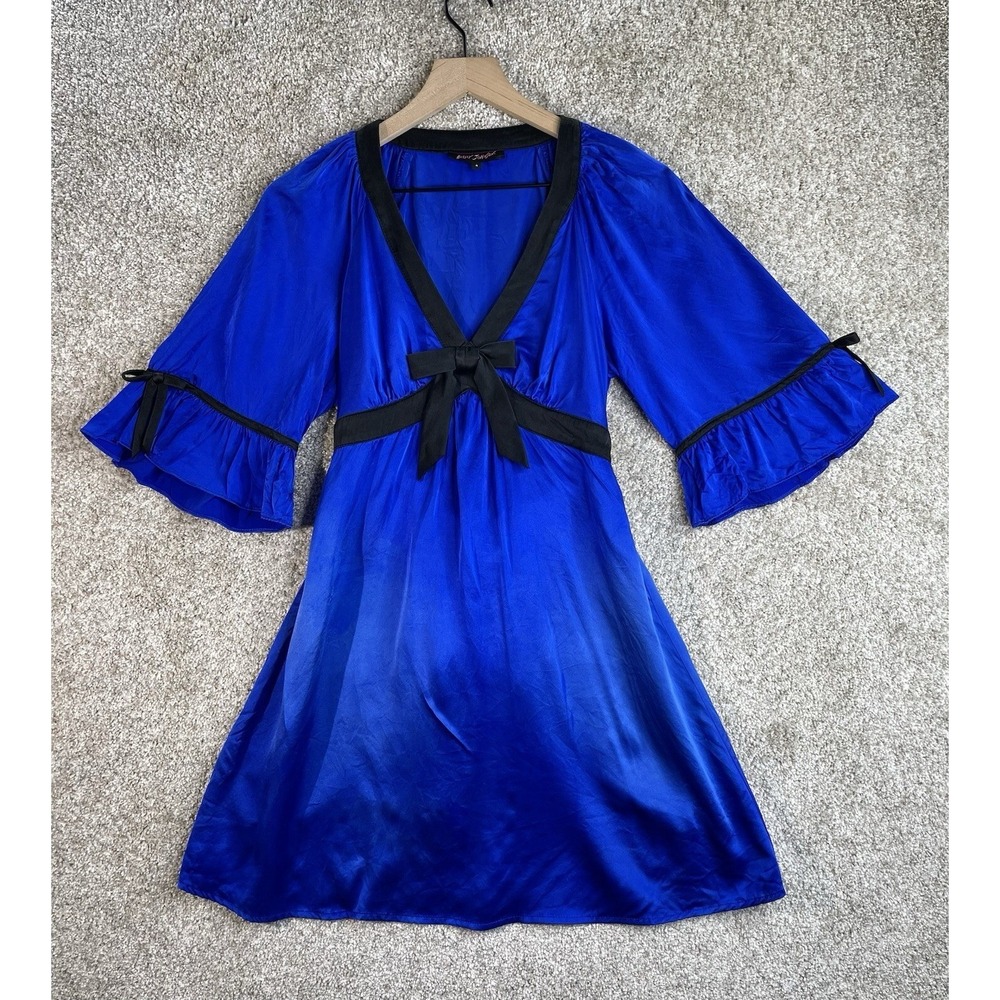 Betsey Johnson‎ Silk Mini Dress Womens 4 Blue Black Bow Empire Waist Bell Sleeve